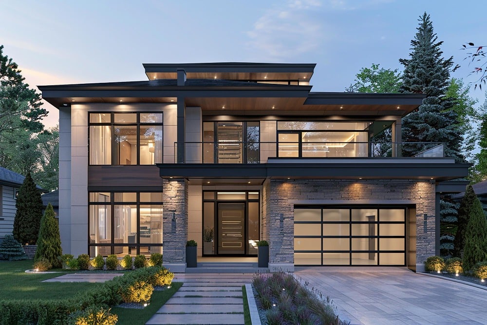 Modern two-story house with large windows, stone accents, and a glass garage door.