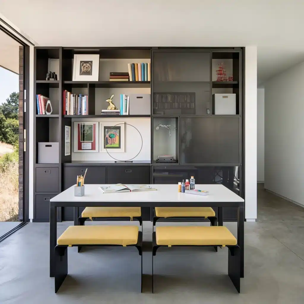 Modern home office with built-in shelves, art supplies, and a table with yellow benches.