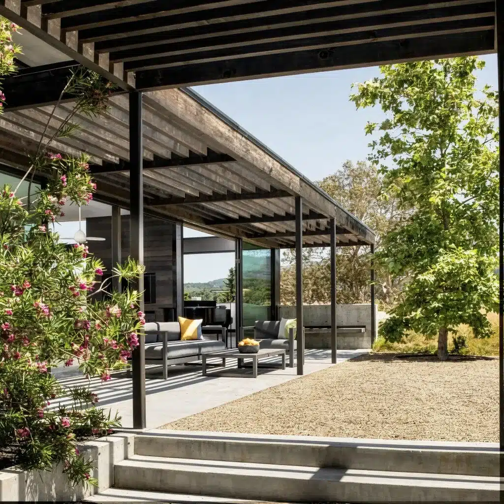 Modern patio with wooden pergola, outdoor seating, and flowering bushes beside a gravel yard.