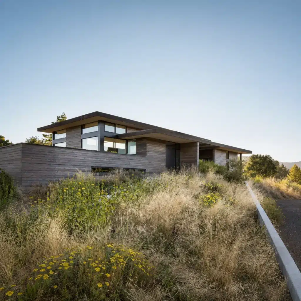 Modern, single-story house with large windows surrounded by dry grasses and wildflowers.